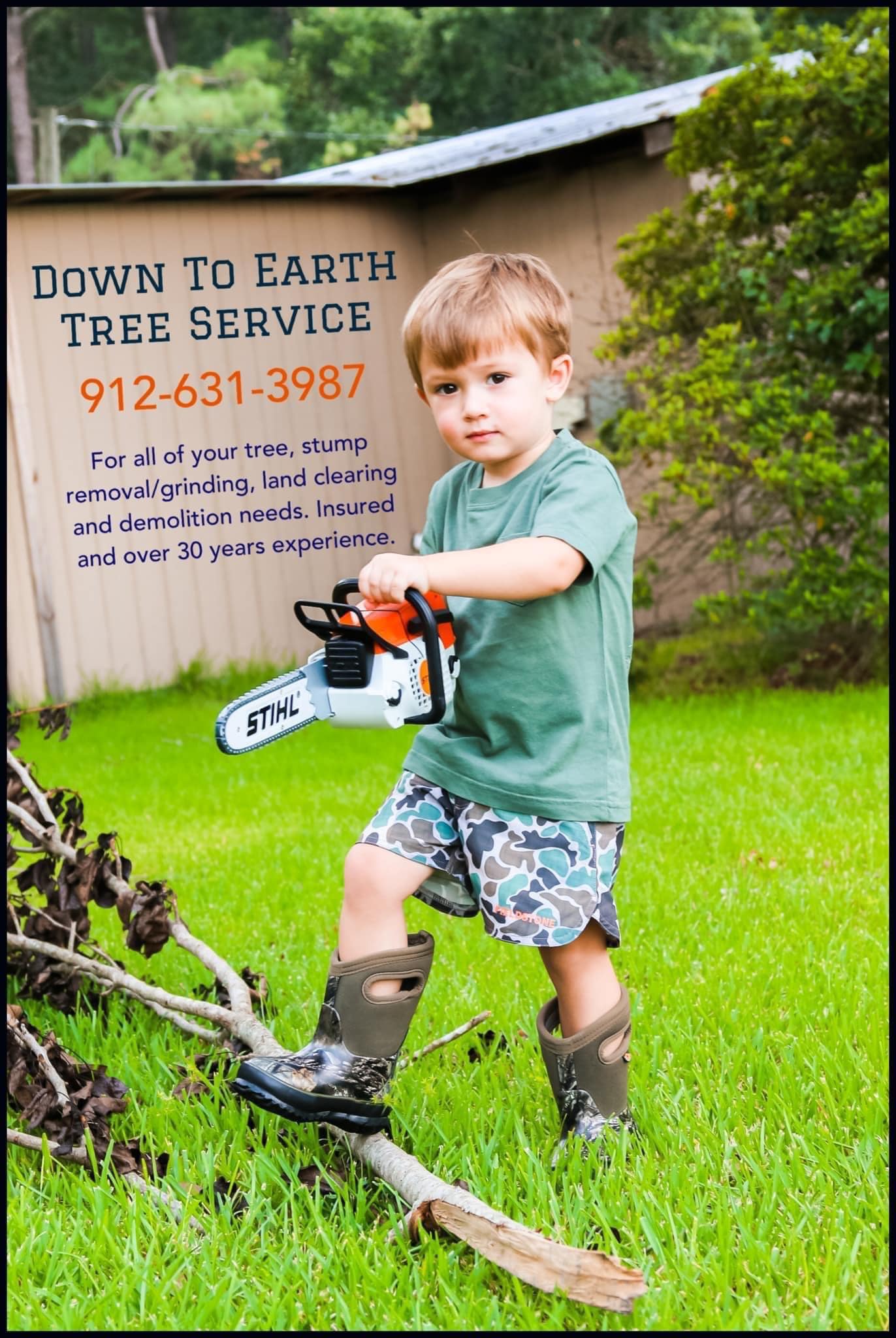 Down to Earth Tree Service — next generation, with a STIHL chainsaw at the company sign
